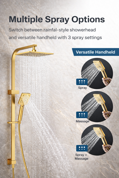 10″ Square Rainfall Shower Head Set –3 Mode Handheld | WELS Rated | Brushed Gold