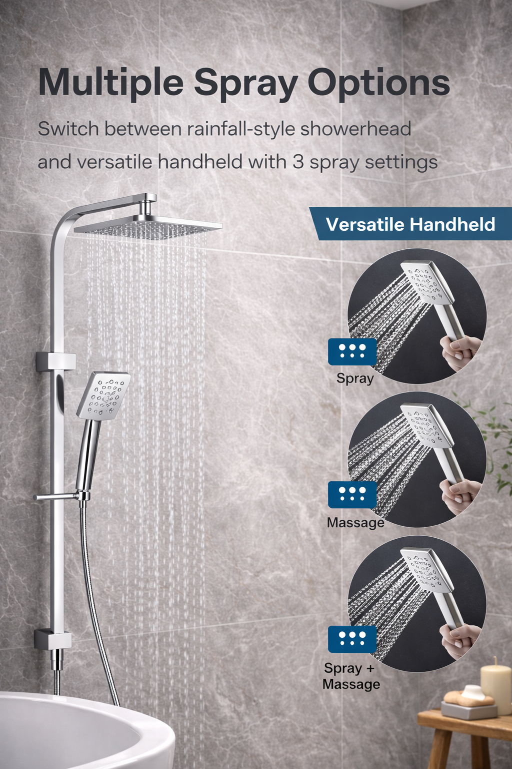 10″ Square Rainfall Shower Head Set –3 Mode Handheld | WELS Rated | Chrome