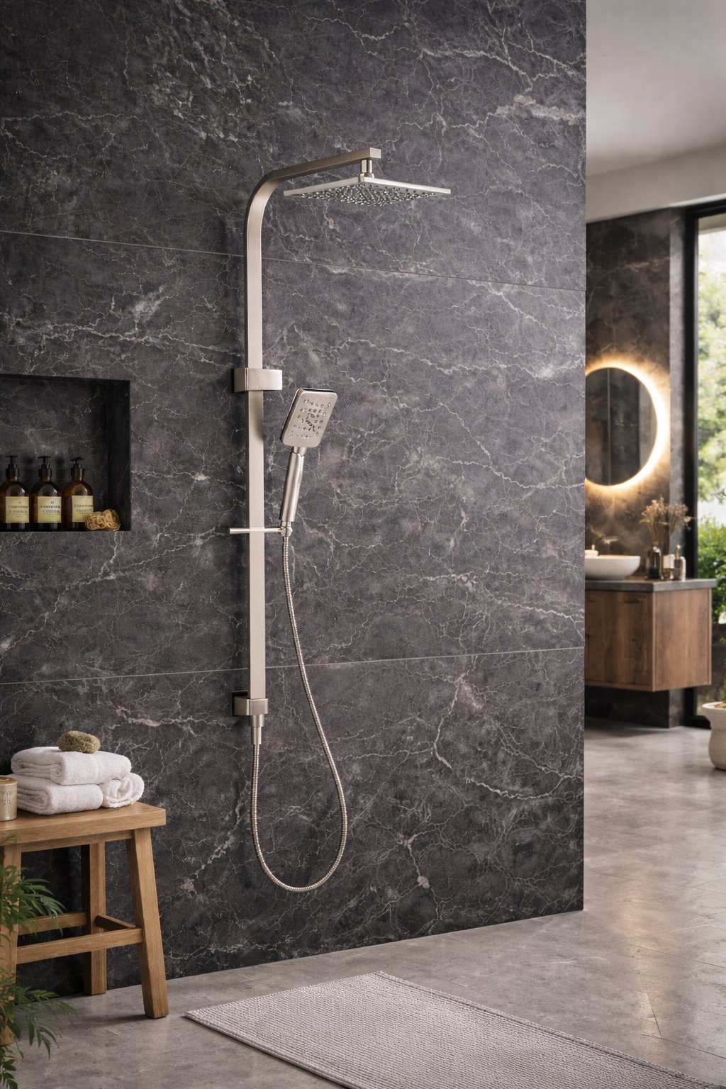 10″ Square Rainfall Shower Head Set –3 Mode Handheld | WELS Rated | Brushed Nickel