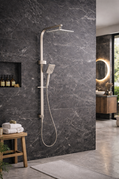 10″ Square Rainfall Shower Head Set –3 Mode Handheld | WELS Rated | Brushed Nickel