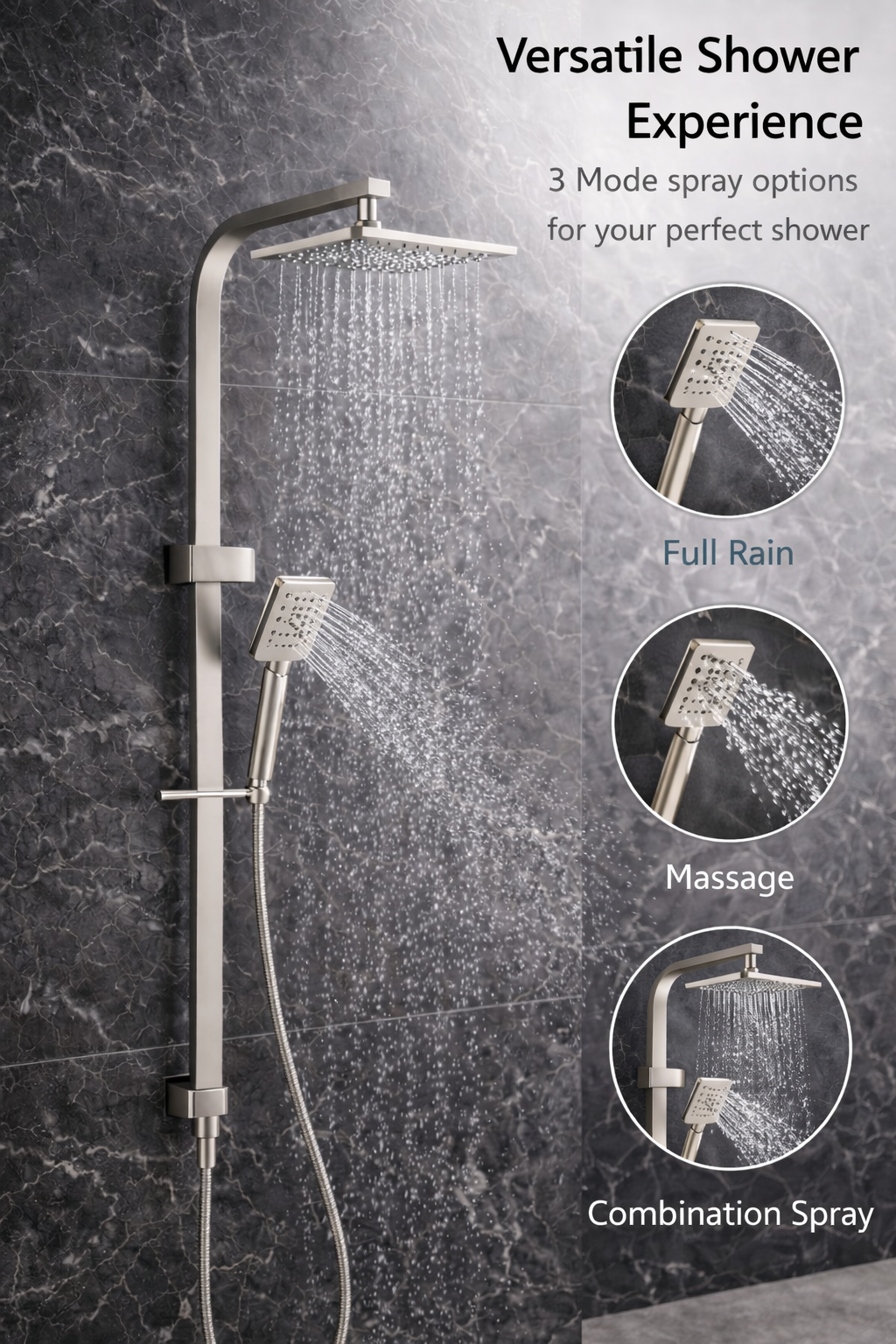 10″ Square Rainfall Shower Head Set –3 Mode Handheld | WELS Rated | Brushed Nickel