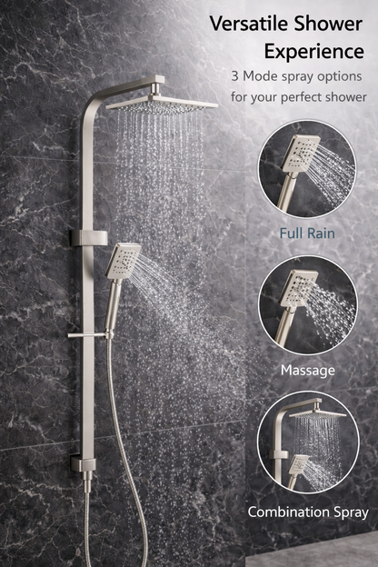 10″ Square Rainfall Shower Head Set –3 Mode Handheld | WELS Rated | Brushed Nickel