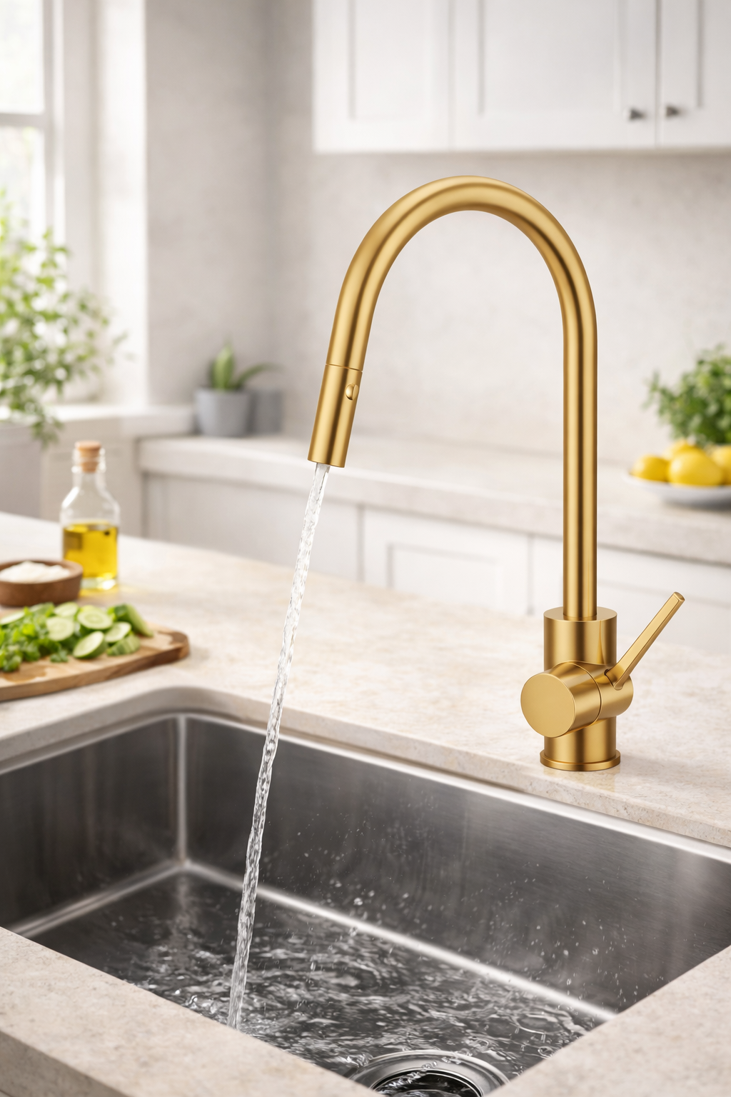 Pullout Kitchen Mixer Tap – Stylish Swivel Gooseneck Faucet | WELS | Brushed Gold