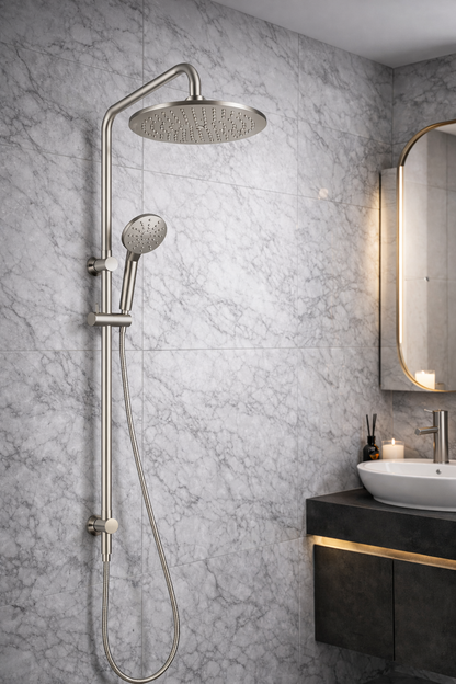 10″ Round Rainfall Shower Head Set –3 Mode Handheld | WELS Rated | Brushed Nickel