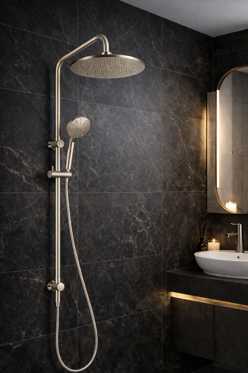 10″ Round Rainfall Shower Head Set –3 Mode Handheld | WELS Rated | Brushed Nickel