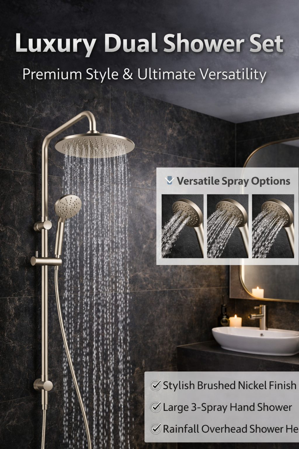 10″ Round Rainfall Shower Head Set –3 Mode Handheld | WELS Rated | Brushed Nickel