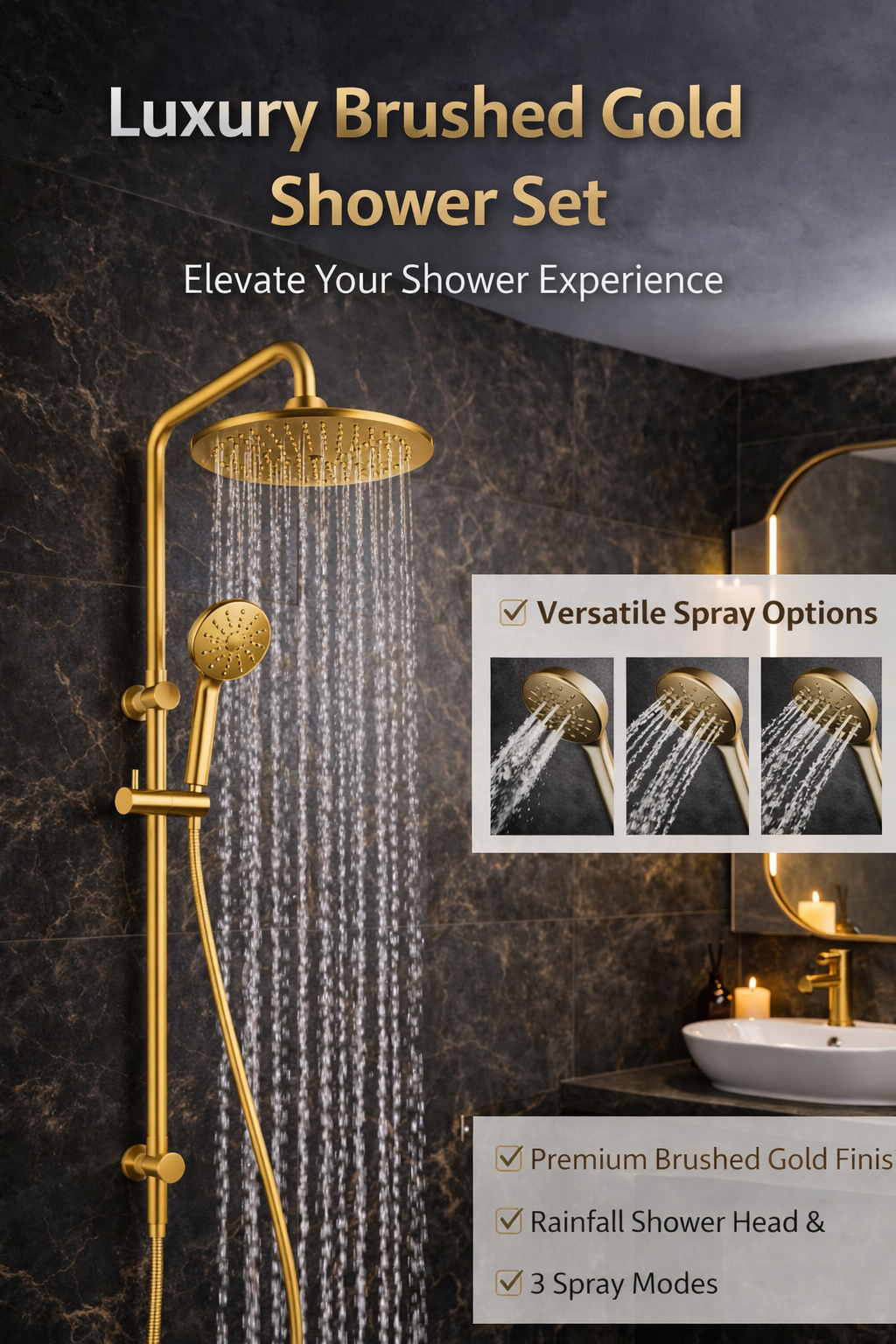 10″ Round Rainfall Shower Head Set –3 Mode Handheld | WELS Rated | Brushed Gold
