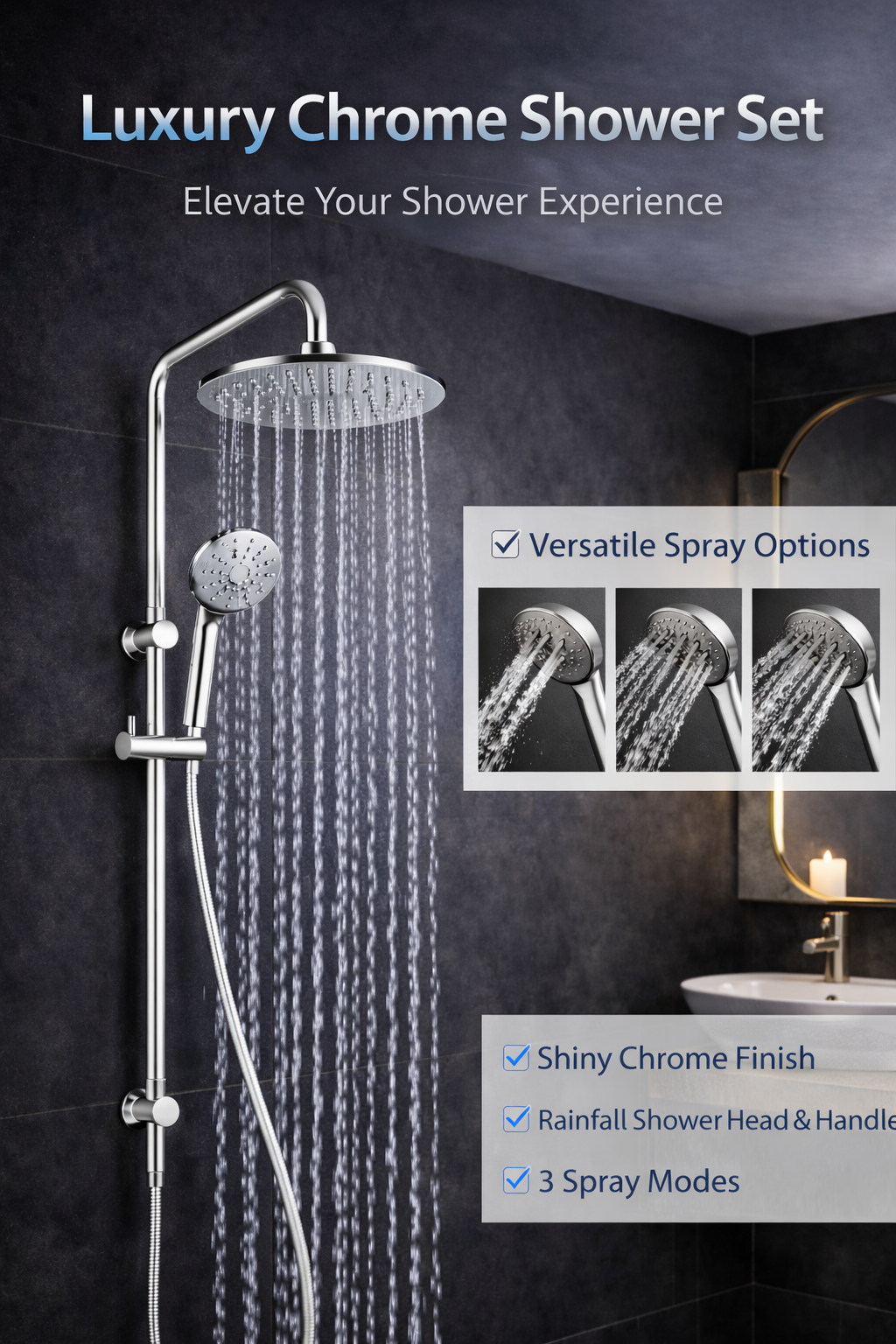 10″ Round Rainfall Shower Head Set –3 Mode Handheld | WELS Rated | Chrome