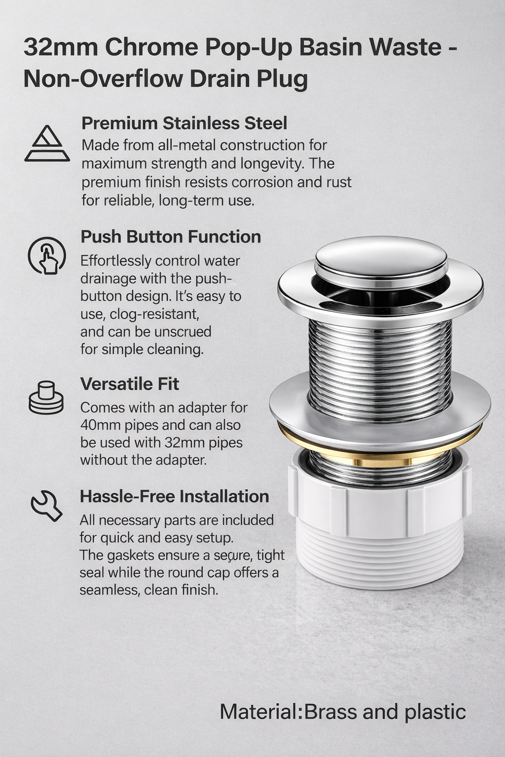 Pop-Up Basin Waste – 32mm | Non-Overflow Drain Plug | Chrome