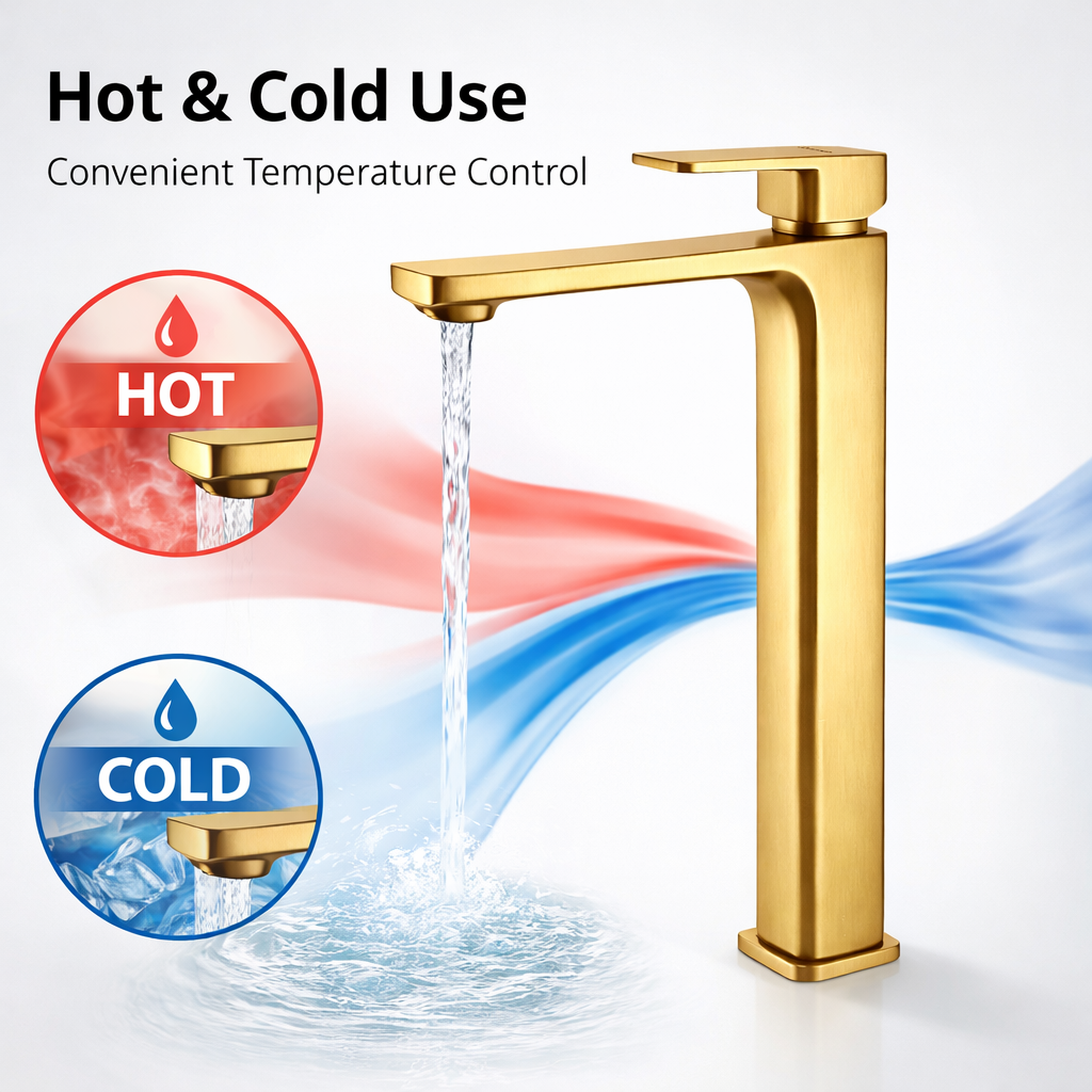 Gold faucet with hot and cold water indicators on a white background