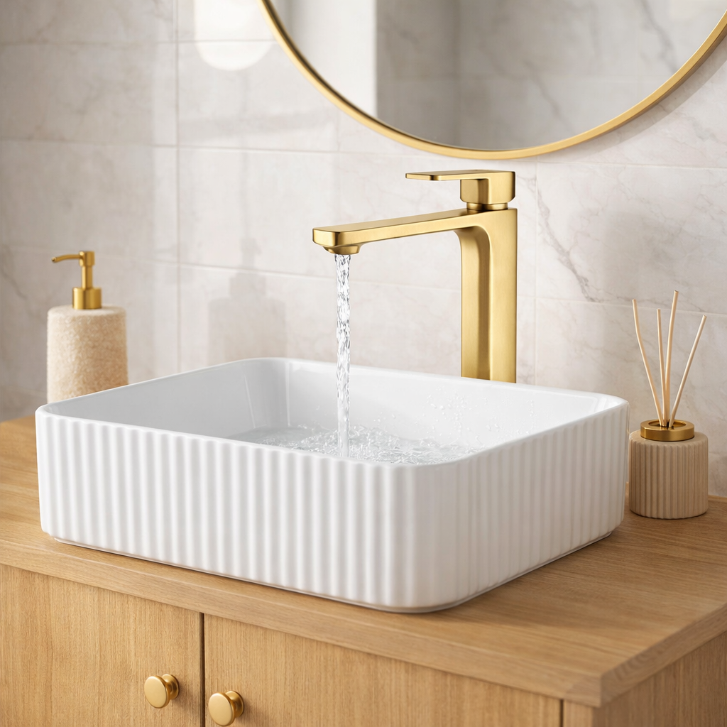 White ceramic sink with gold faucet in a bathroom setting