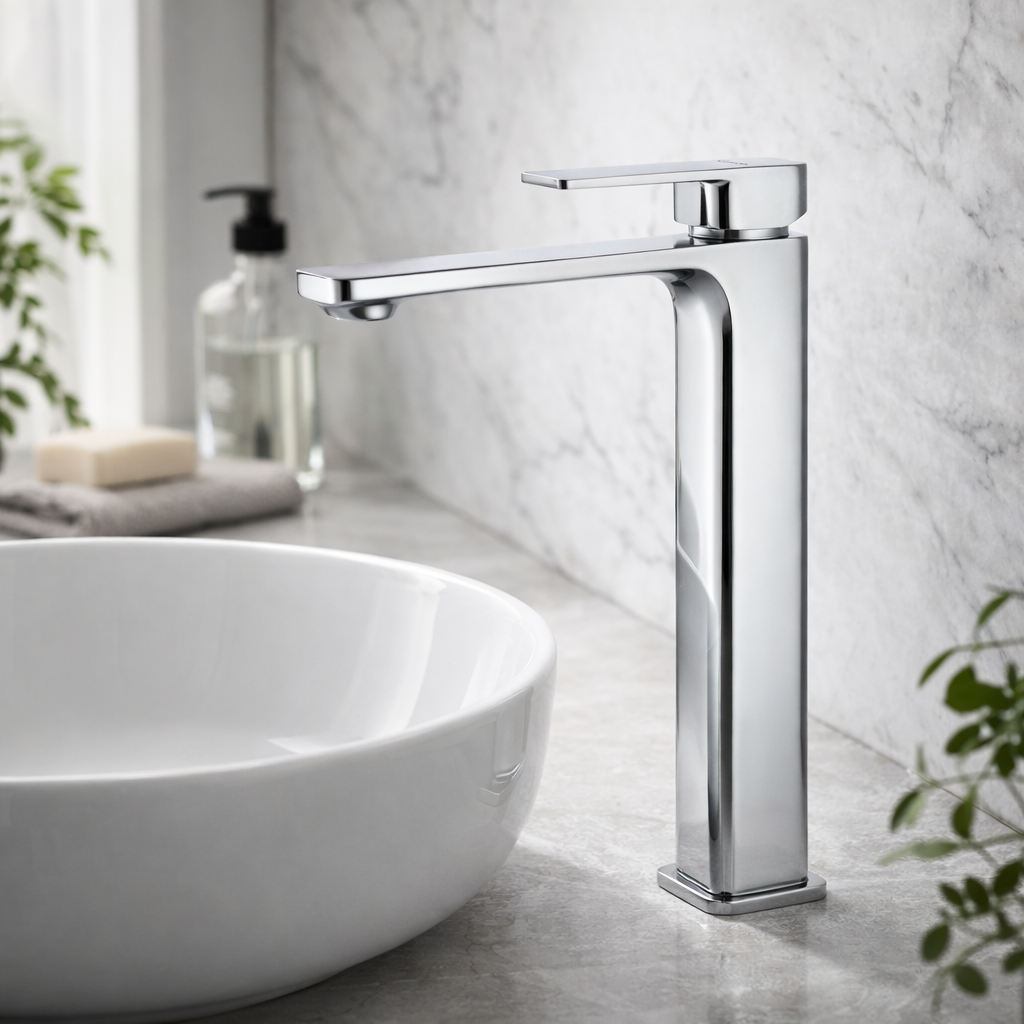 Chrome faucet on a white sink with a marble wall background