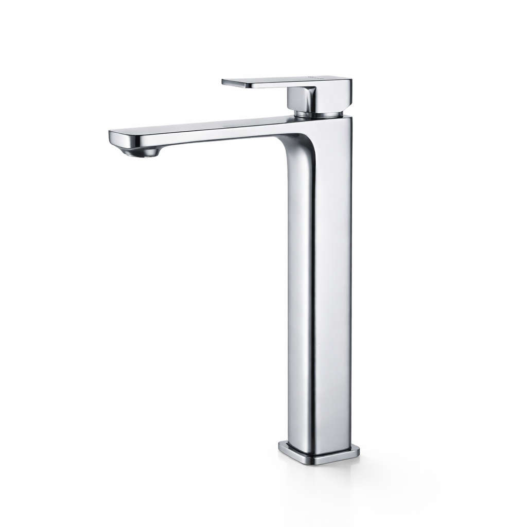 Chrome bathroom faucet on a white background