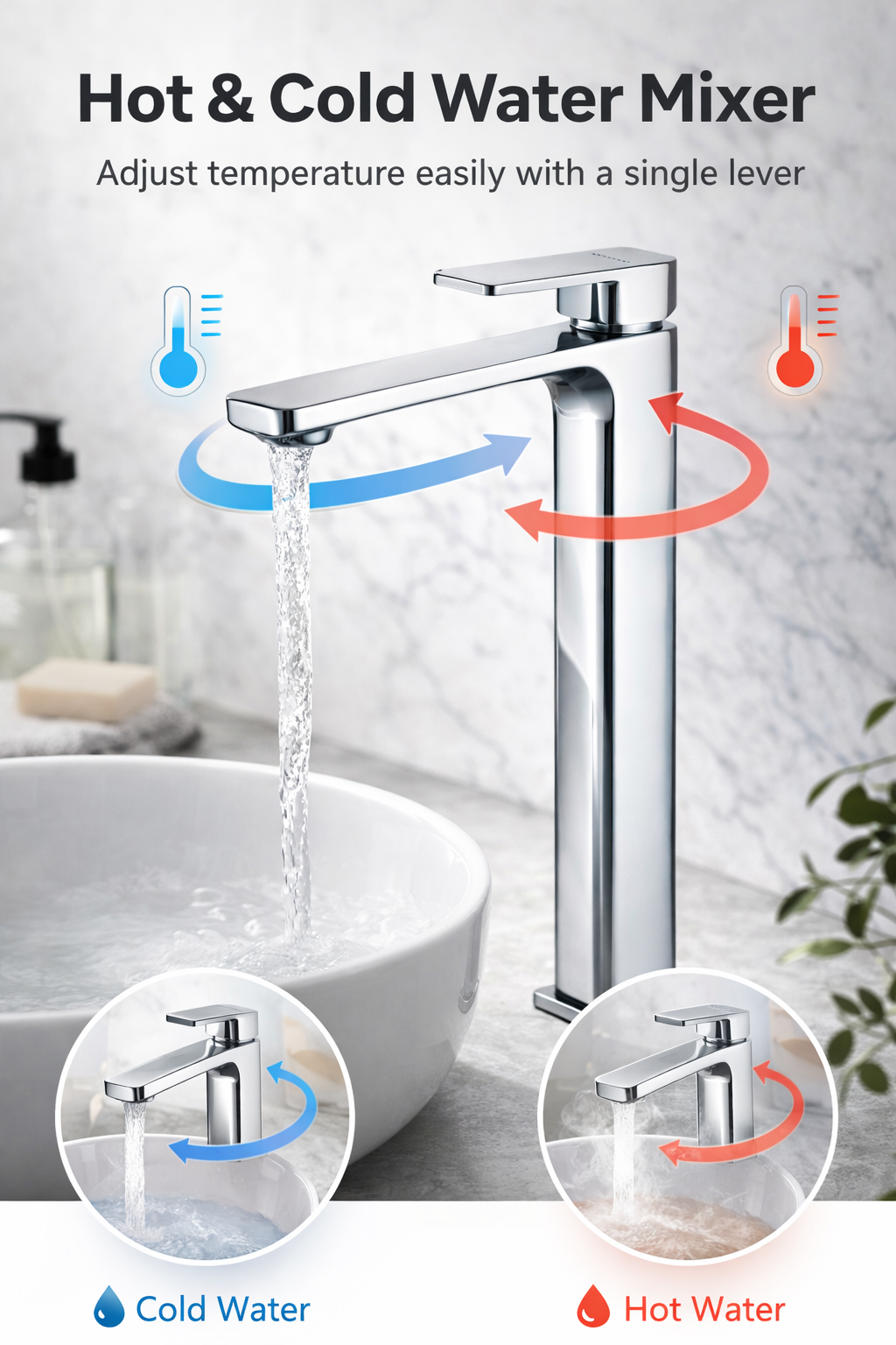 Chrome hot and cold water mixer with water flow indicators and a sink in the background.