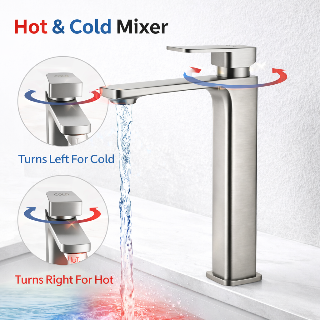 Hot and cold mixer tap with water flow indicators on a white background