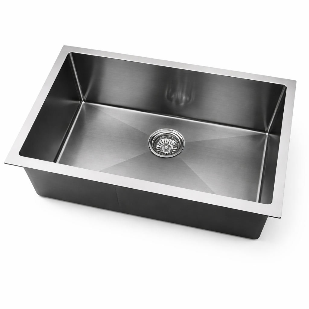 Stainless steel kitchen sink on a white background