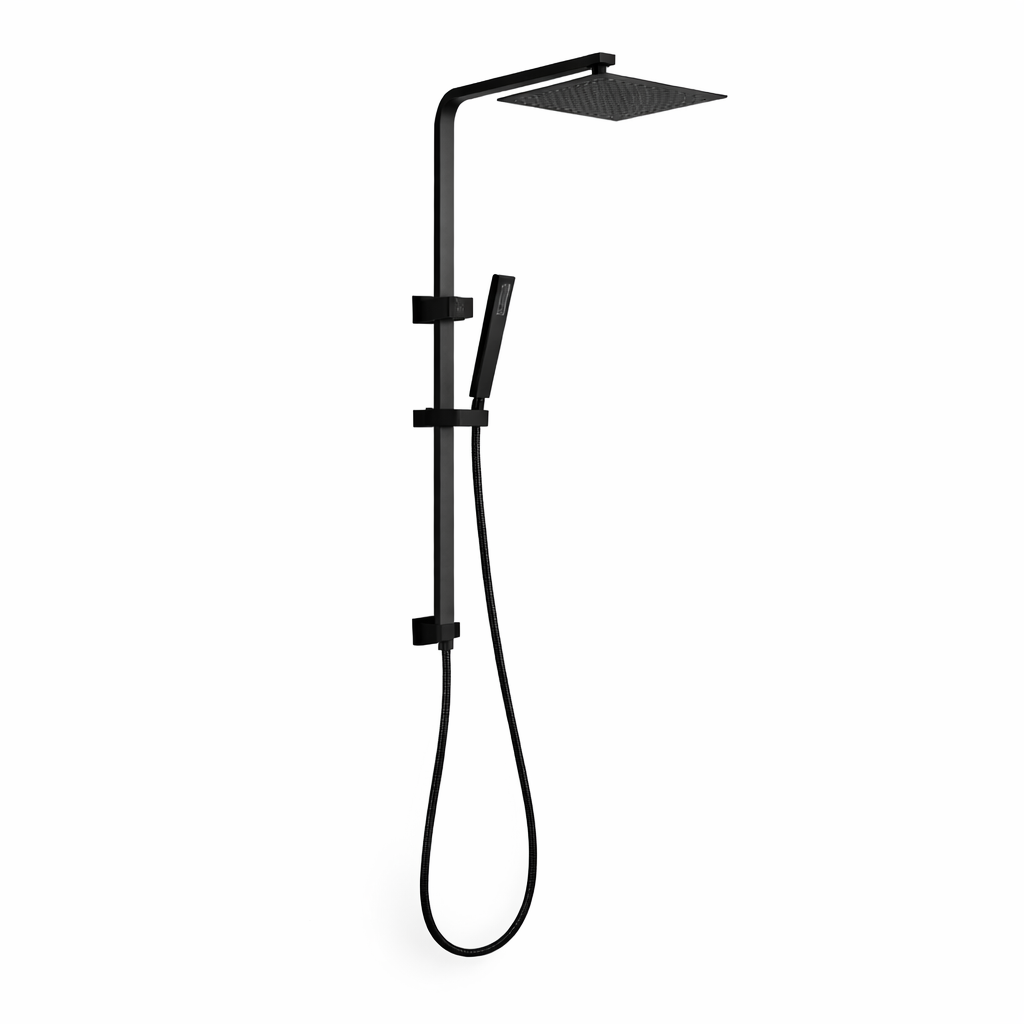 Black shower head and handheld shower on a white background