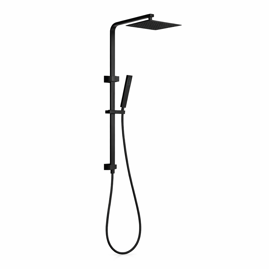 Black shower head with handheld shower on a white background