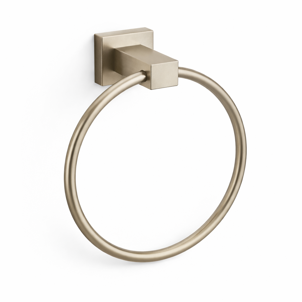 Towel ring with square mounting bracket on a white background