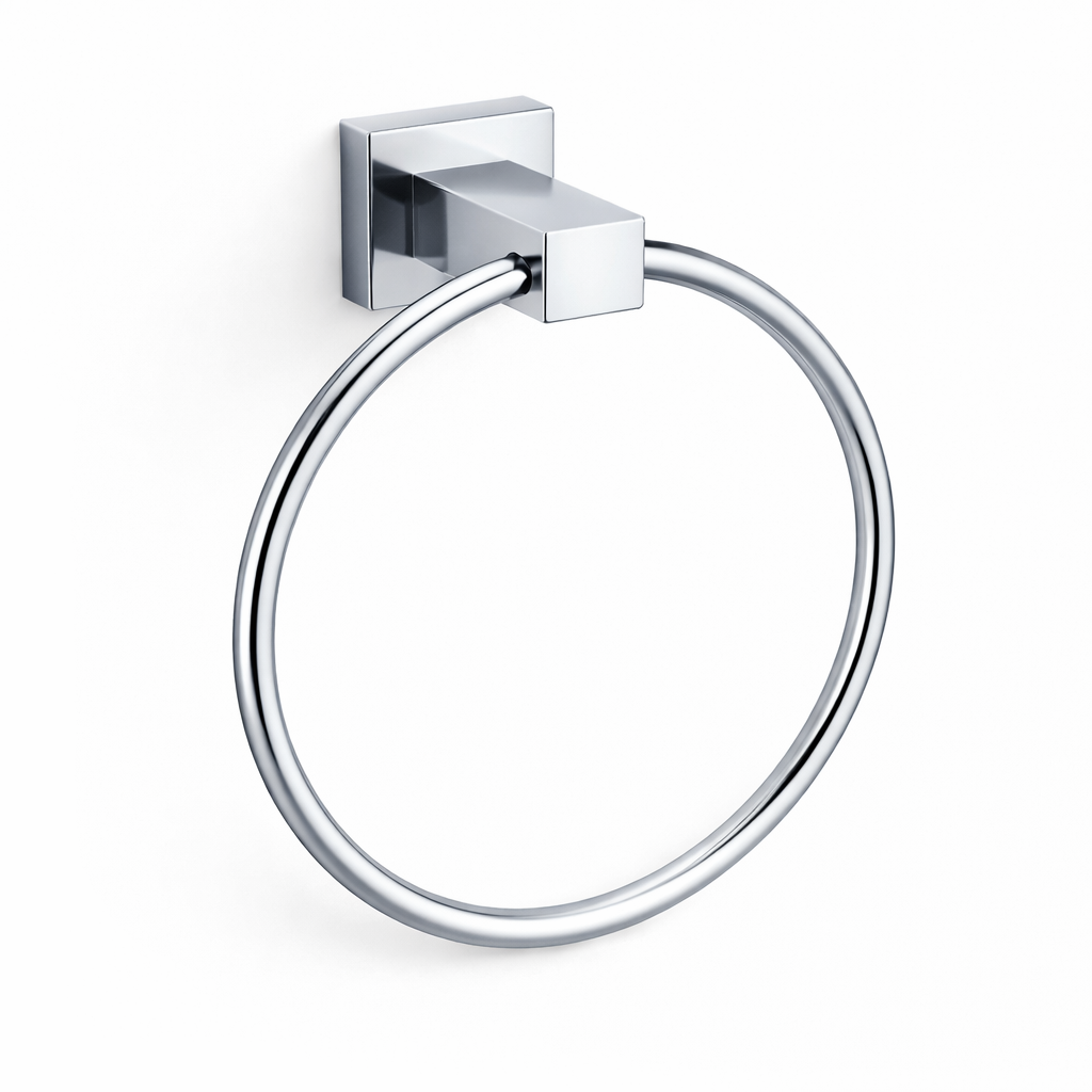 Chrome towel ring on a white background