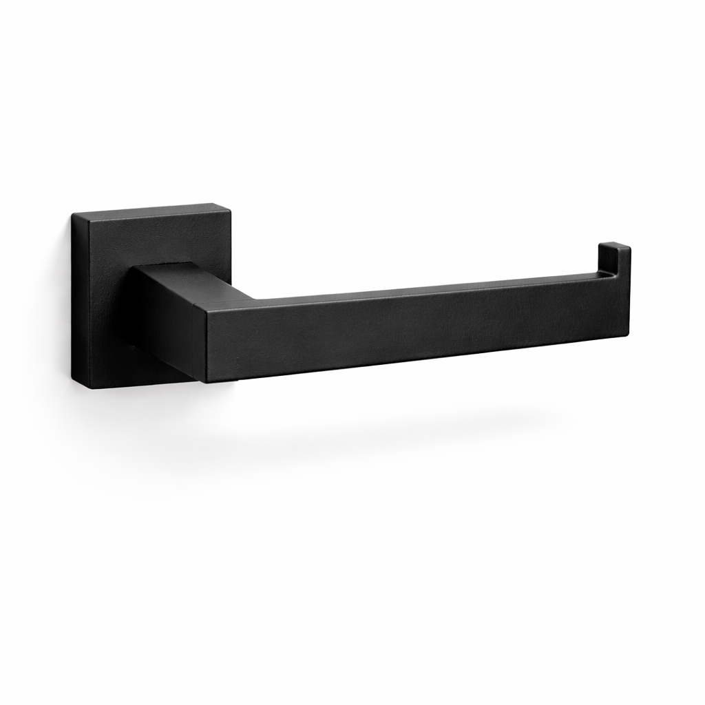 Black metal towel hook on a white background