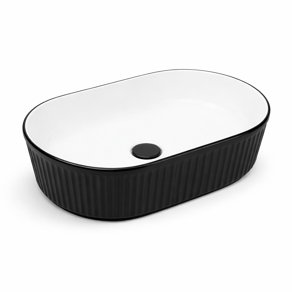 Ribbed Fluted Oval Ceramic Basin – Matte Black & White