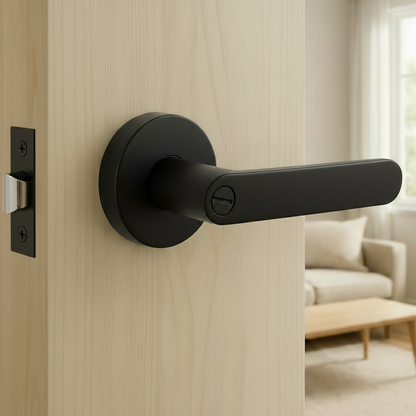 Black door handle on a wooden door with a blurred living room background