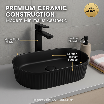 Ribbed Oval Ceramic Basin – Full Matte Black