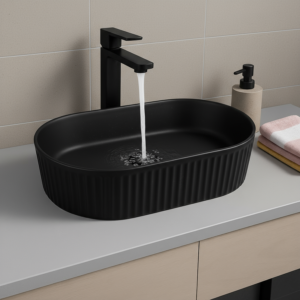 Black ceramic sink with black faucet on a light gray countertop in a bathroom setting.