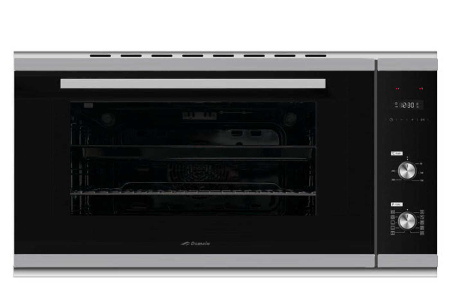 Stainless steel oven with digital display on a white background