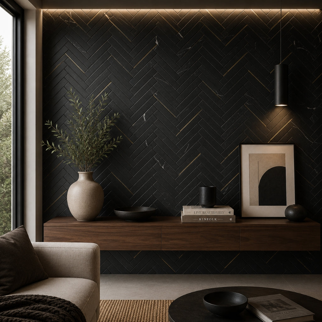 Deco Herringbone Nero Marquina Porcelain Tile