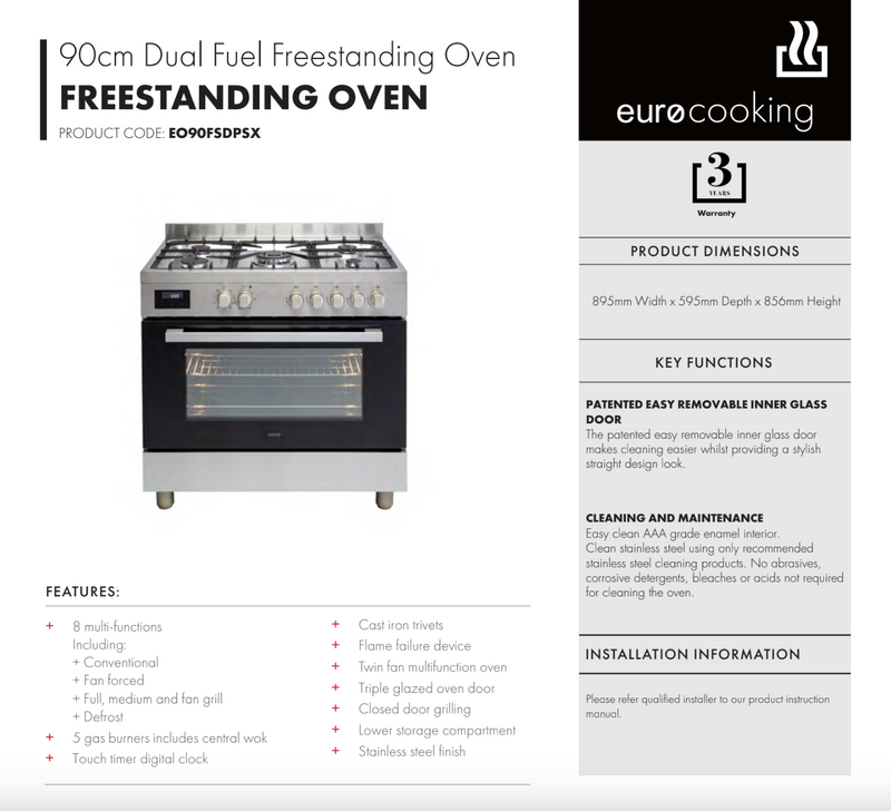 Euro 90cm Dual Fuel Freestanding Cooker – EO90FSDPSX (EO90FSDPSX)