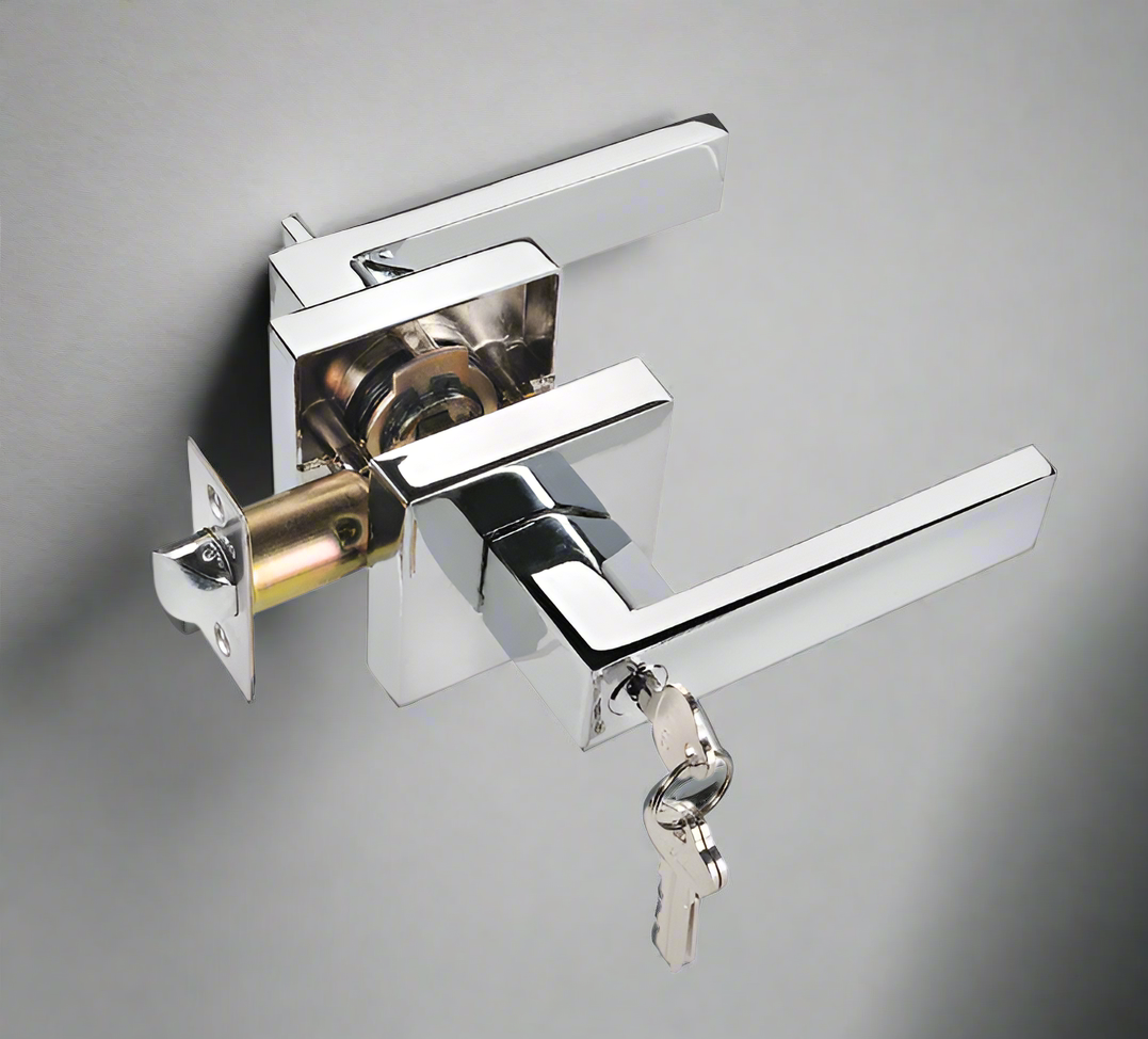 Heavy-Duty Square Plate Entry Door Handle Lock Set silver color attached a key.