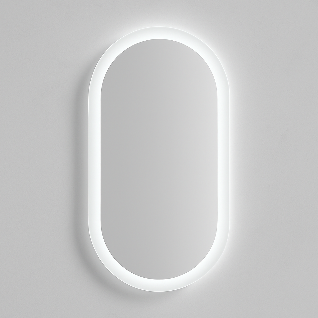 Oval-shaped mirror with a glowing frame 