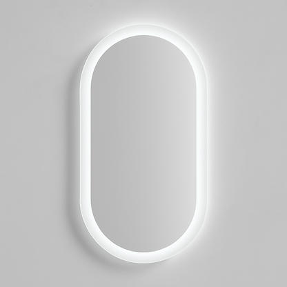 Oval-shaped mirror with a glowing frame 