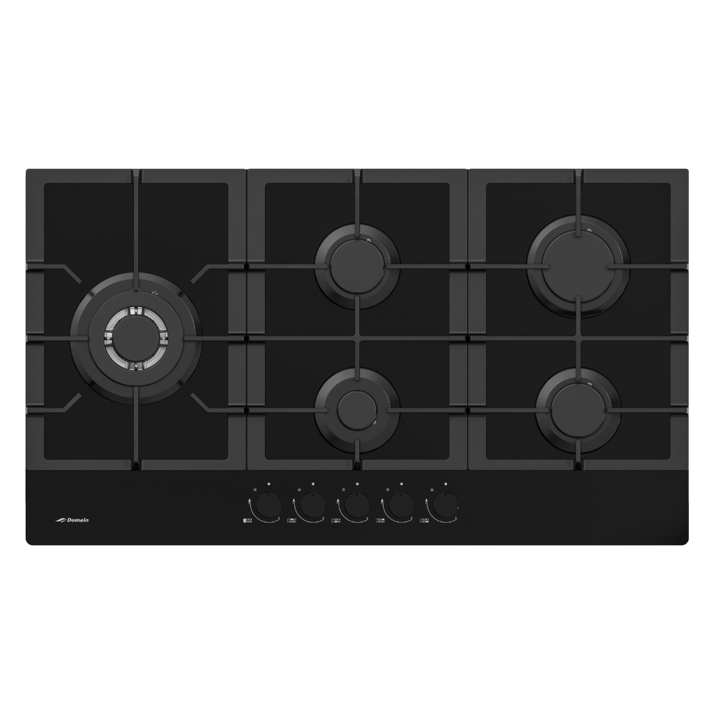 Black gas cooktop with five burners on a white background