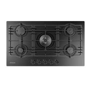 Black gas cooktop with four burners on a white background