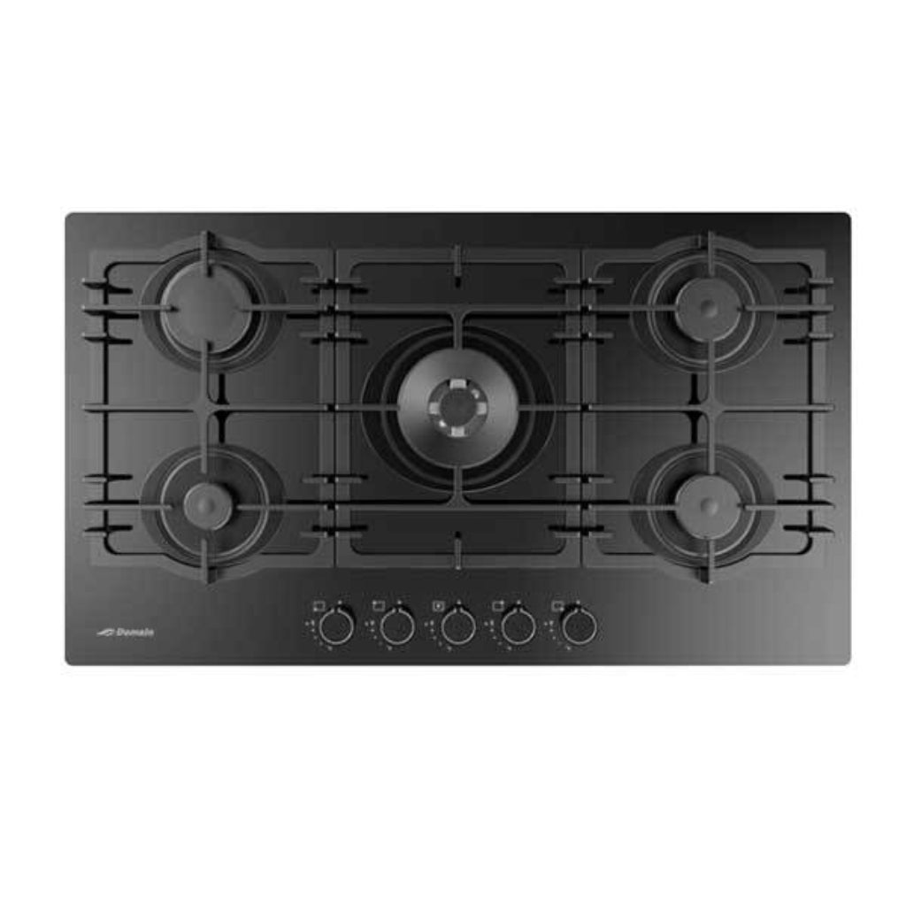 Black gas cooktop with four burners on a white background