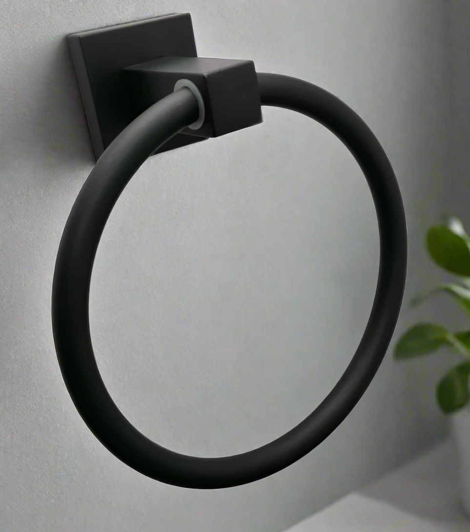 A black stainless steel hand towel holder ring .