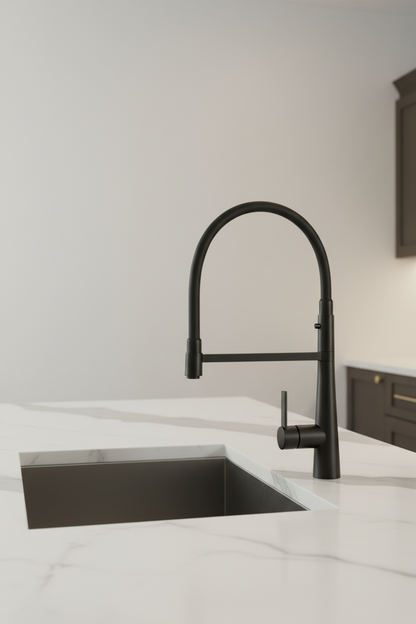 Black kitchen faucet on a white background
