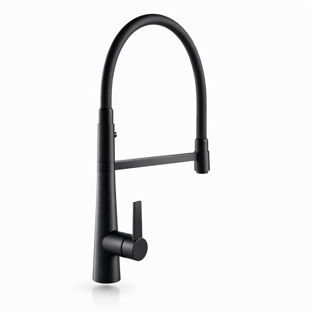 Black kitchen faucet on a white background