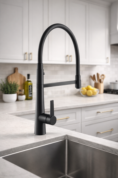 Modern Dual Outlet Kitchen Mixer with Detachable Pullout Hose | WELS | Matte Black