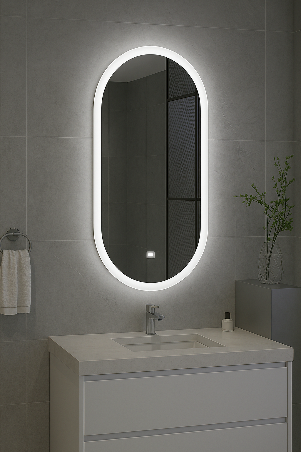 Bathroom vanity with a illuminated oval mirror