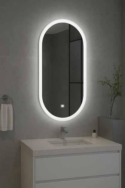 Bathroom vanity with a illuminated oval mirror