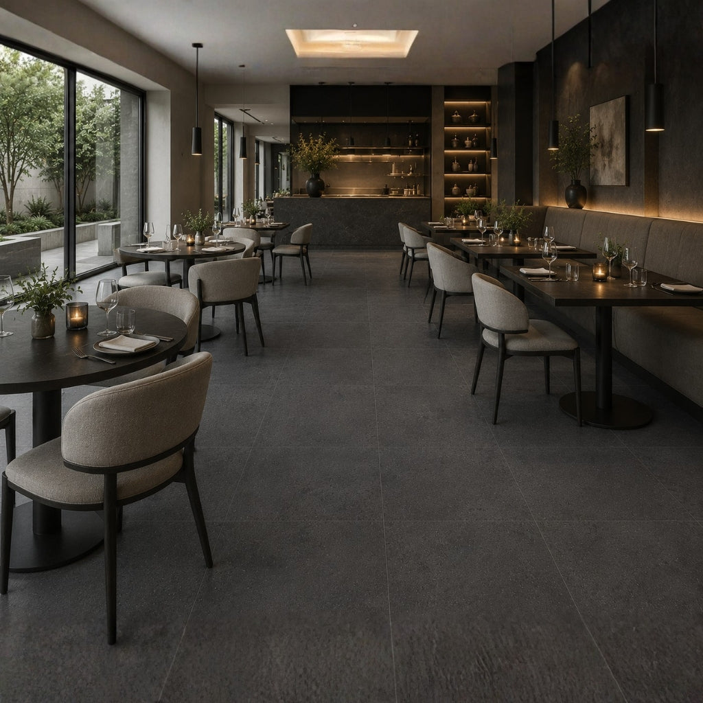 Modern restaurant interior with tables, chairs, and a kitchen in the background.