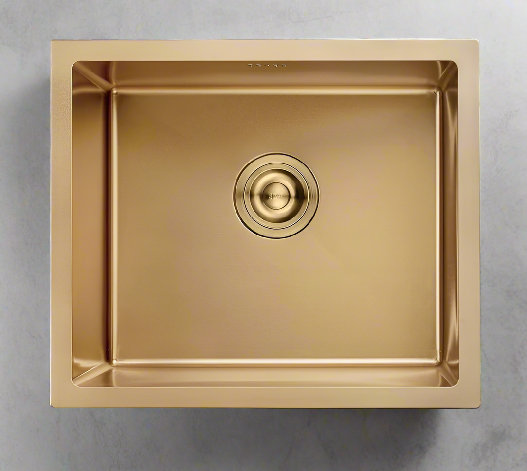 A golden color stainless steel kitchen sink designed for under/Top/Flush Mount installation