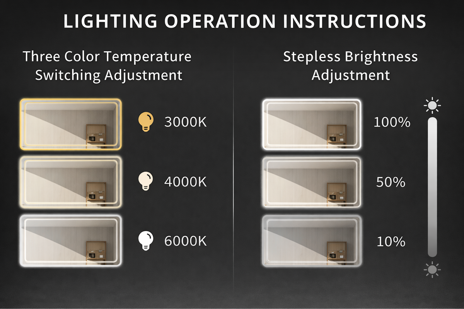 Lighting operation instructions with color temperature and brightness adjustment options.