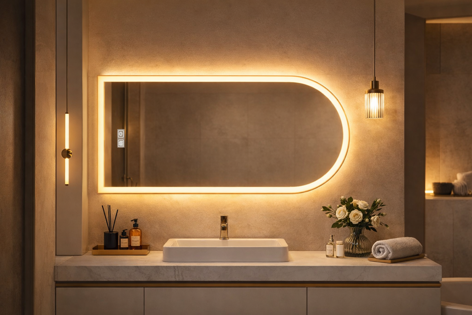 Modern bathroom vanity with a lit mirror, sink, and decorative items.