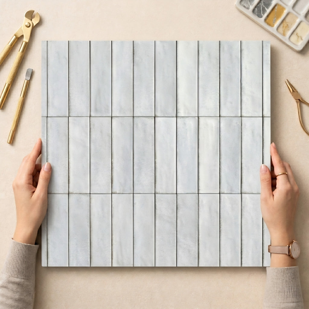 Sheet of marble-patterned paper held by hands on a beige surface with tools in the background