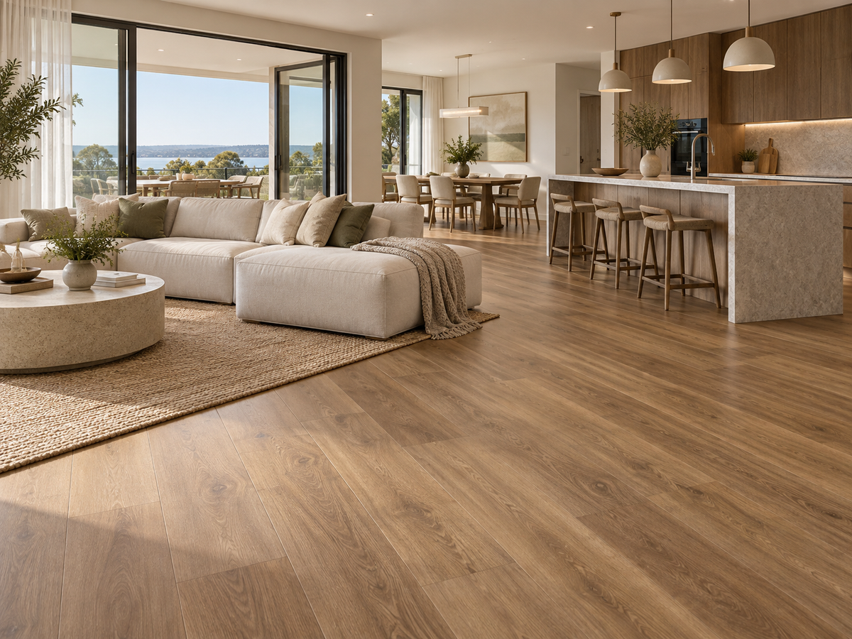 Teak Oak hybrid flooring installed in a premium open-plan Australian home